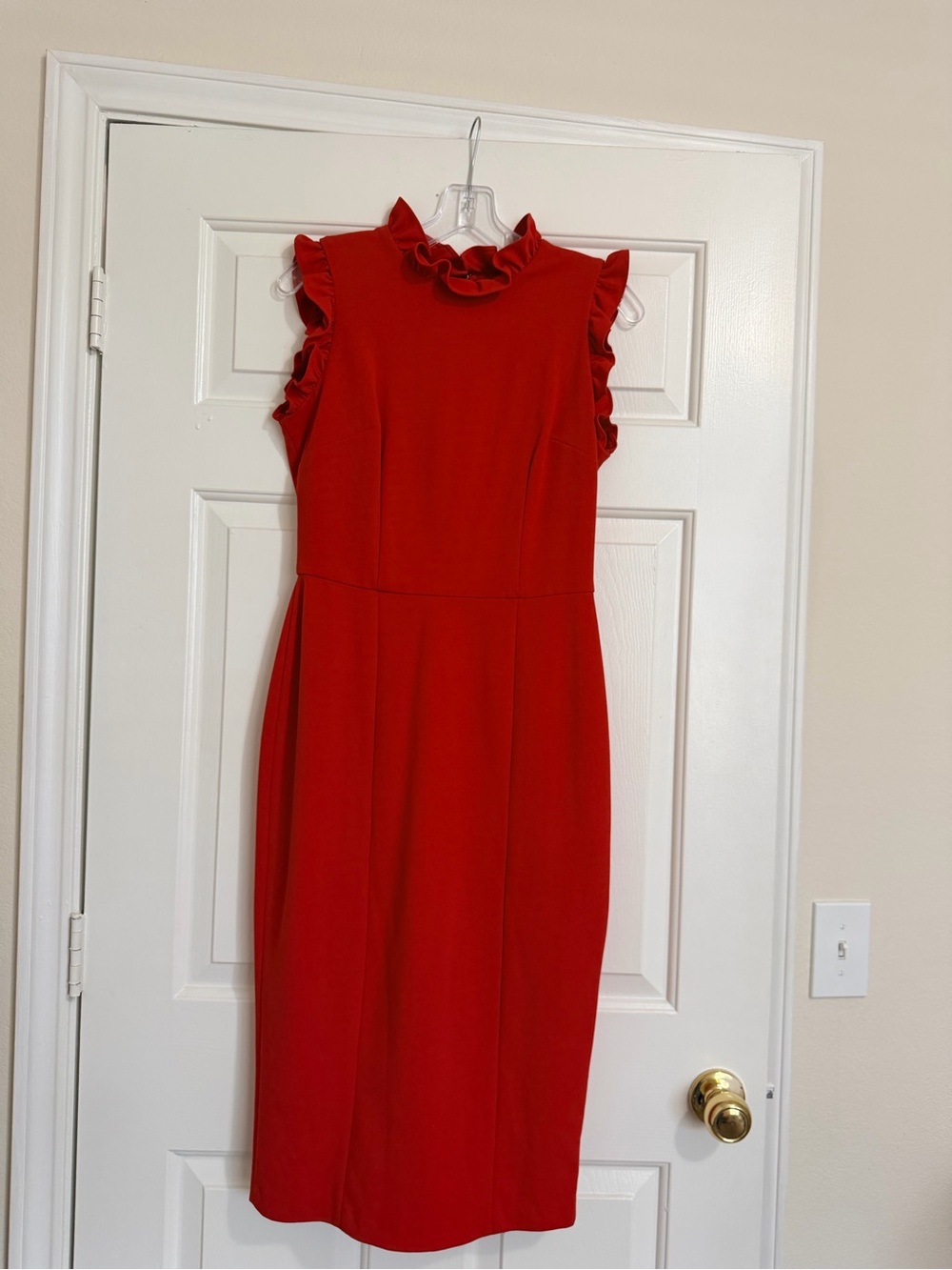 Maggy London Red Ruffle-Neck Midi Sheath Dress